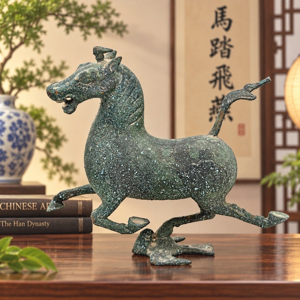 Chinese Flying Horse Gansu Swallow Statue Verdigris Bronze Style Sculpture Decor